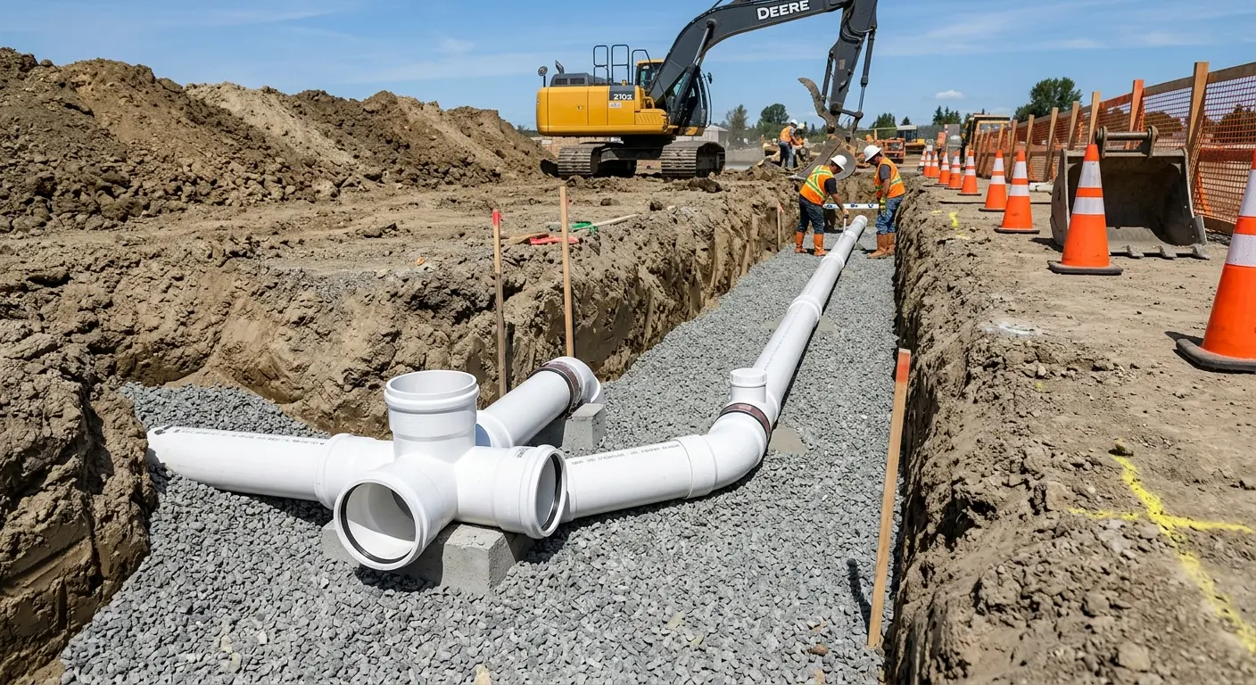 New PVC sewer pipe installation in open trench for Sewer Backup in Kinross