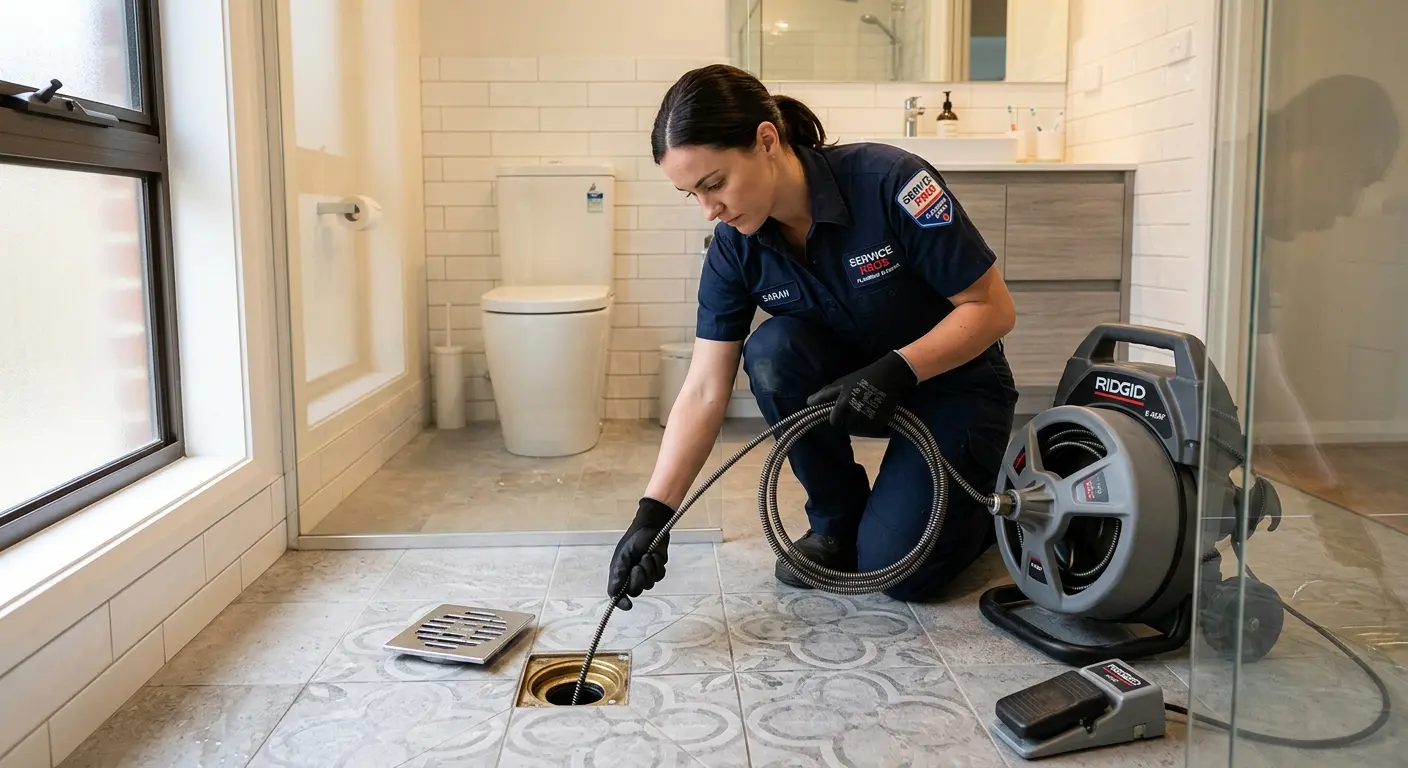 Technician clearing a bathroom floor drain for Drain Cleaning in Kinross